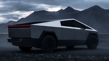 Tesla Cybertruck: vista di 3/4 posteriore del SUV americano