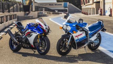 Nuova Suzuki GSX-R1000R, qui in posa con la capostipite della famiglia, la GSX-R 750 del 1985