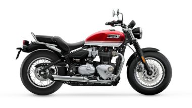Triumph Bonneville Speedmaster 2026,due i colori disponibili: rosso/bianco e nero/bianco