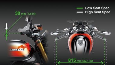 Kawasaki Z900RS 2026, questa figura mostra bene le differenze tra sella alta e bassa