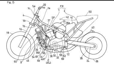 I disegni del brevetto Kawasaki mostrano un design in stile scooter&mdash;vedi le pedane numerate 54 nel disegno