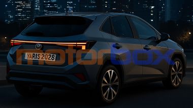 Toyota Yaris 2028, 3/4 posteriore - Rendering generato con AI