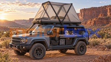 Ford Bronco 2030, accessori da campeggio - Rendering generato con A.I.