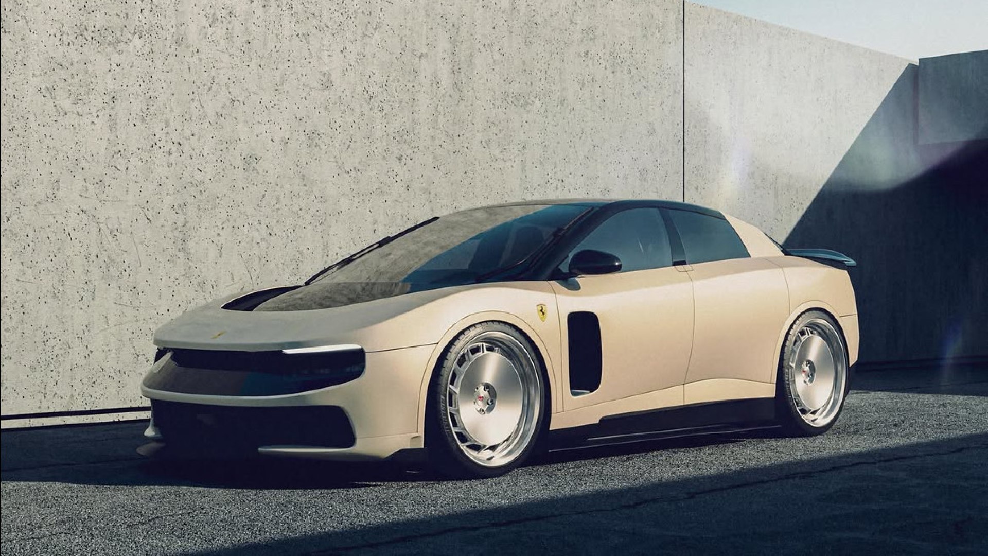 Una Ferrari Luce elettrica con cerchi lenticolari e alettone fisso, in un tuning virtuale di Vossen Wheels