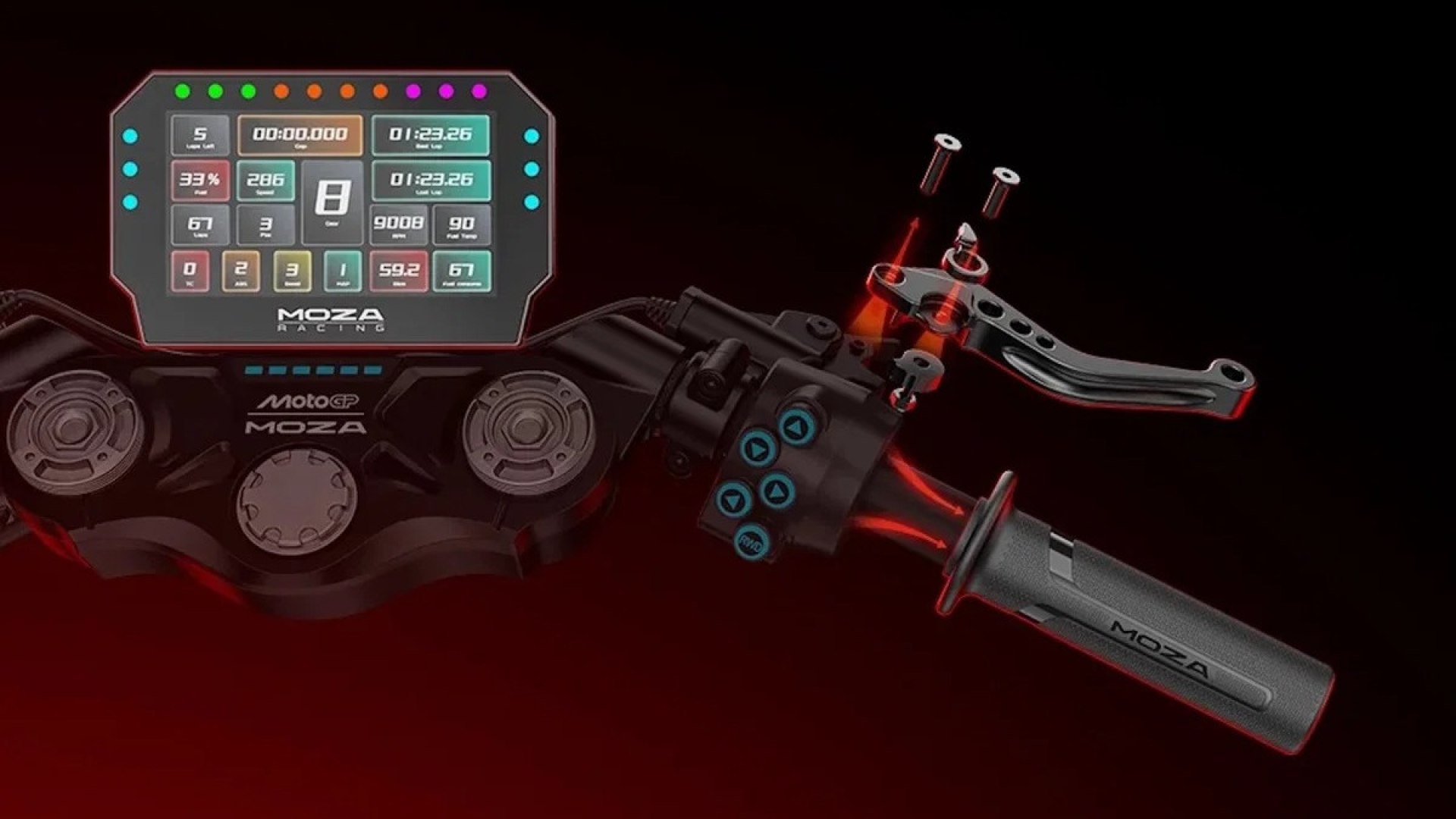 Manubrio force feedback Moza Racing per simulatori di moto, con componenti in lega di magnesio e display digitale